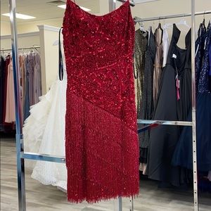 Red Sherri Hill fringe dress